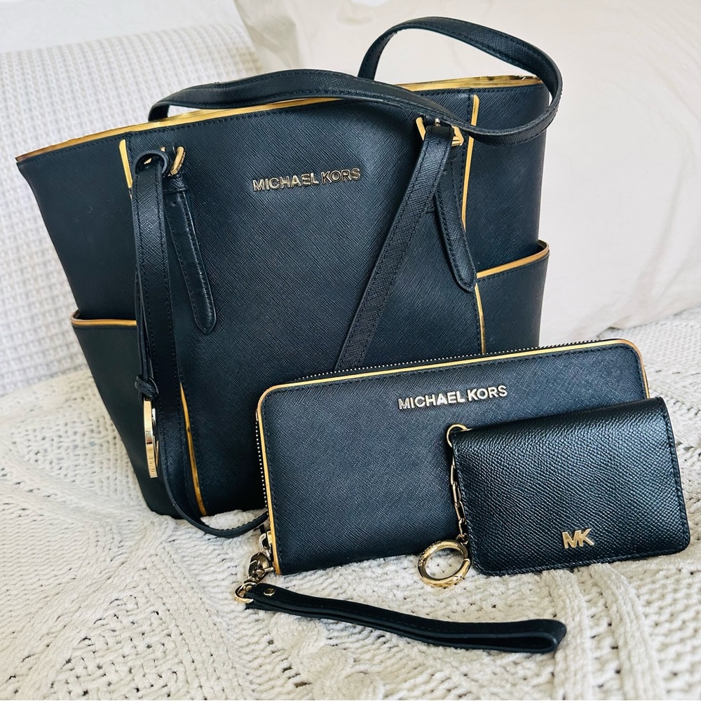 Michael Kors Gold and Black Tote 3 pc Set